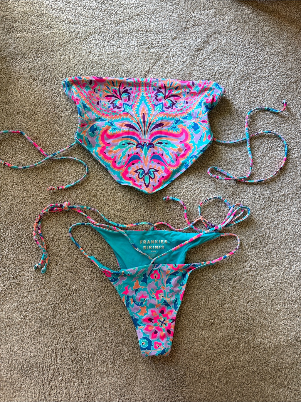 Frankie's Bikinis Teal Pink Multicolor Paisley Print Tie-Side Bikini